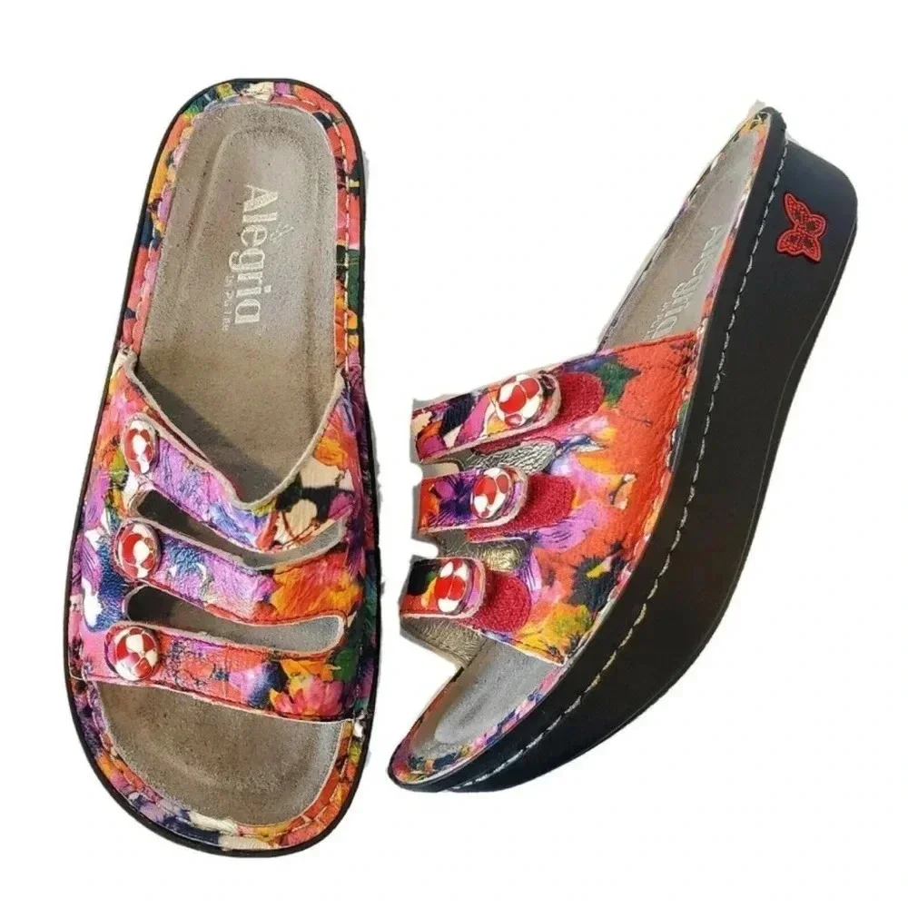 Alegría Fiona Iris Colorful Floral Leather Adjustable 3 Strap Slip-On Sandals 37
